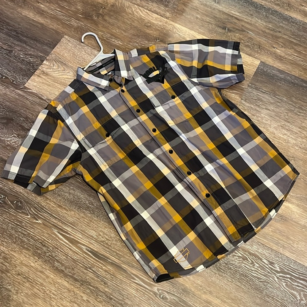 Black and yellow plaid, Harley Davidson, short sleeve button-down shirt